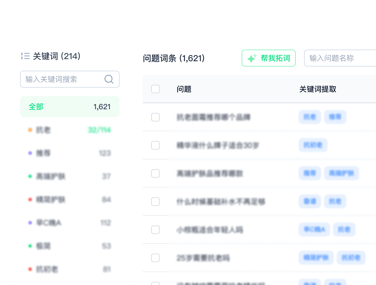Keyword and question-entry management interface